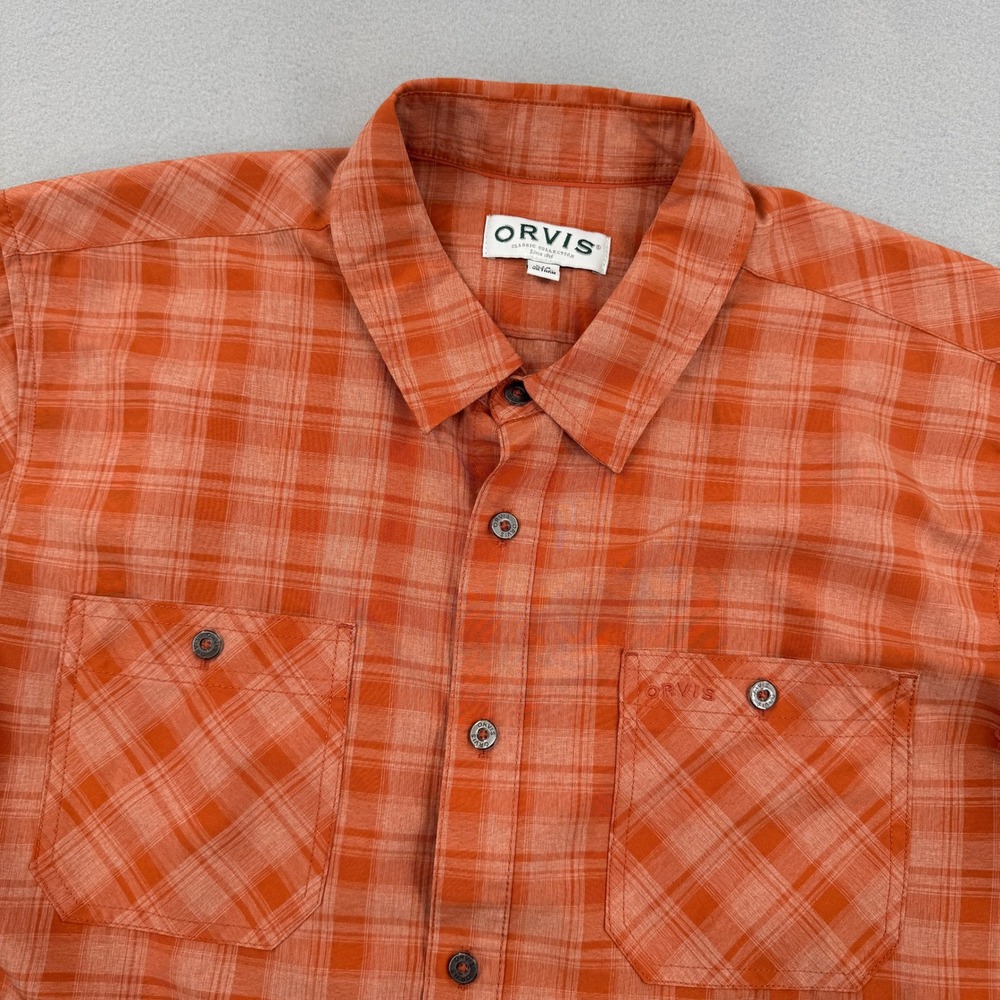 Orvis Performance Tech Short Sleeve Button Down Mens L Orange Plaid Hiking